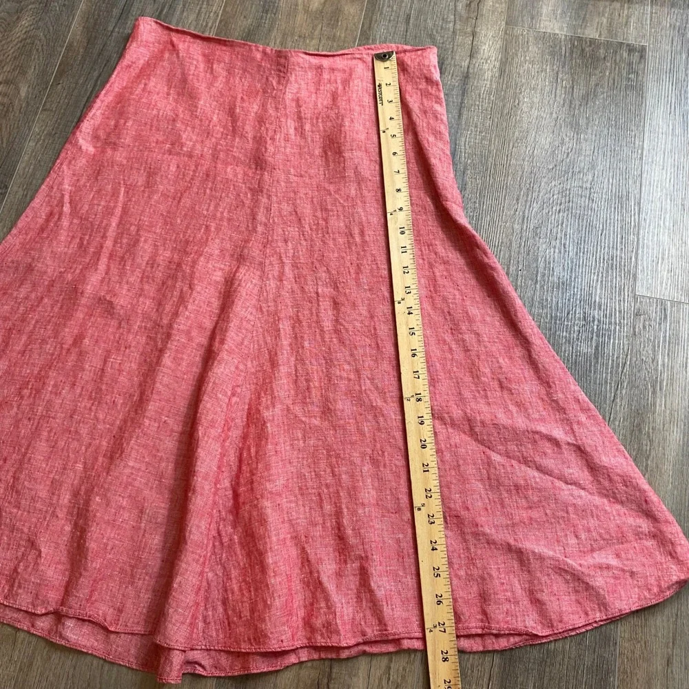 Womens Coral Red 100% Linen A-Line Flare Midi Skirt Size 8, Summer, Spring